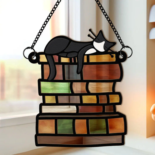 Cat Sleeping On Books - Personalized Window Hanging Suncatcher Ornament Hanging Suncatcher Ornament The Next Custom Gift