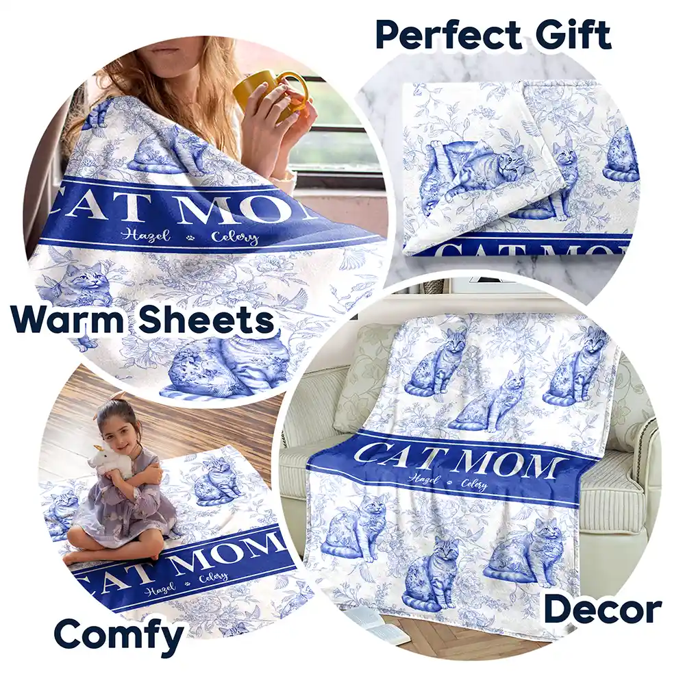 Cat Mom Chinoiserie Toile Cat - Personalized Blanket