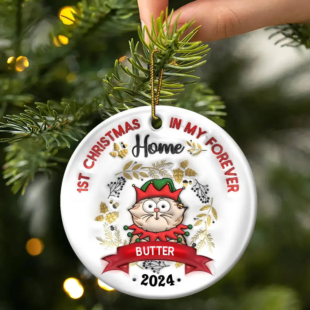 Cat's First Christmas - 3D Inflated Effect Printed Ornament, Personalized Circle Ceramic Ornament ornament The Next Custom Gift