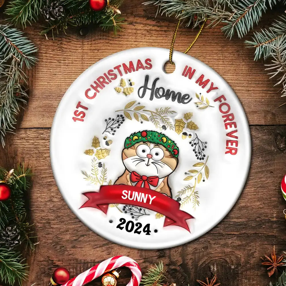 Cat's First Christmas - 3D Inflated Effect Printed Ornament, Personalized Circle Ceramic Ornament ornament The Next Custom Gift