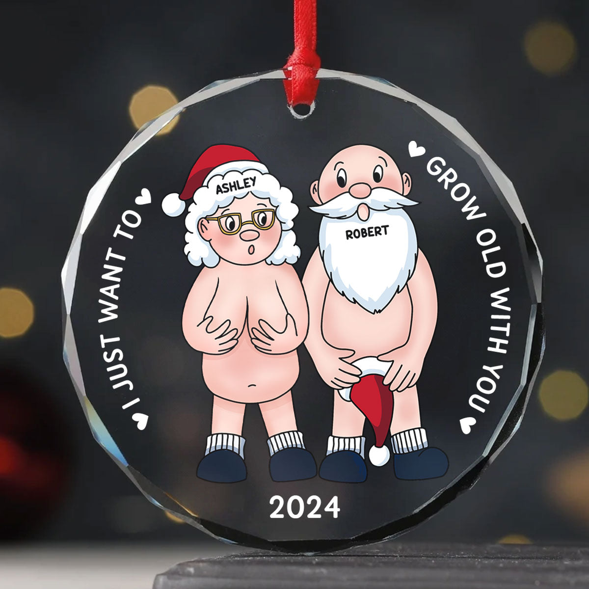 Funny Old Couple Personalized Circle Glass Ornament Christmas Gift for Him for Her