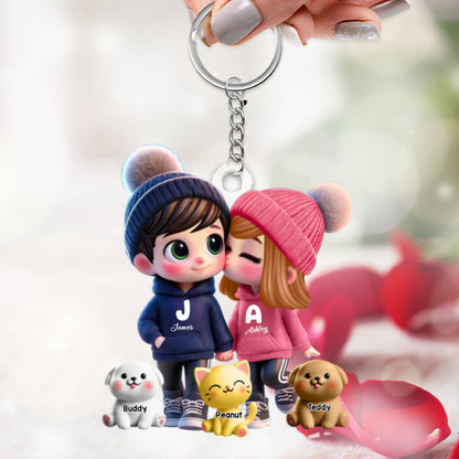 3D Cute Cartoon Couple You Me And The Dog Cat Personalized Acrylic Keychain, Valentine's Day Gift for Him, Gift for Her