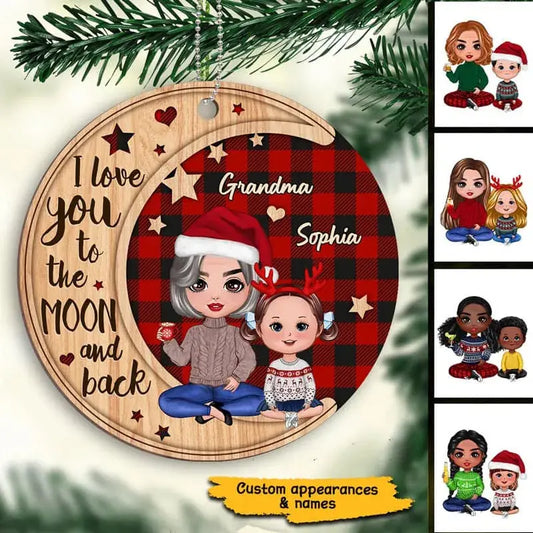 Checkered Pattern Doll Grandma & Grandkid On Moon Personalized Wooden Ornament ornament The Next Custom Gift