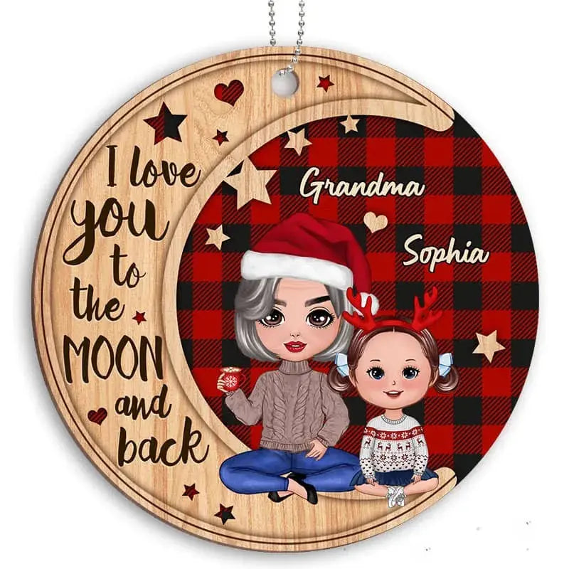 Checkered Pattern Doll Grandma & Grandkid On Moon Personalized Wooden Ornament ornament The Next Custom Gift