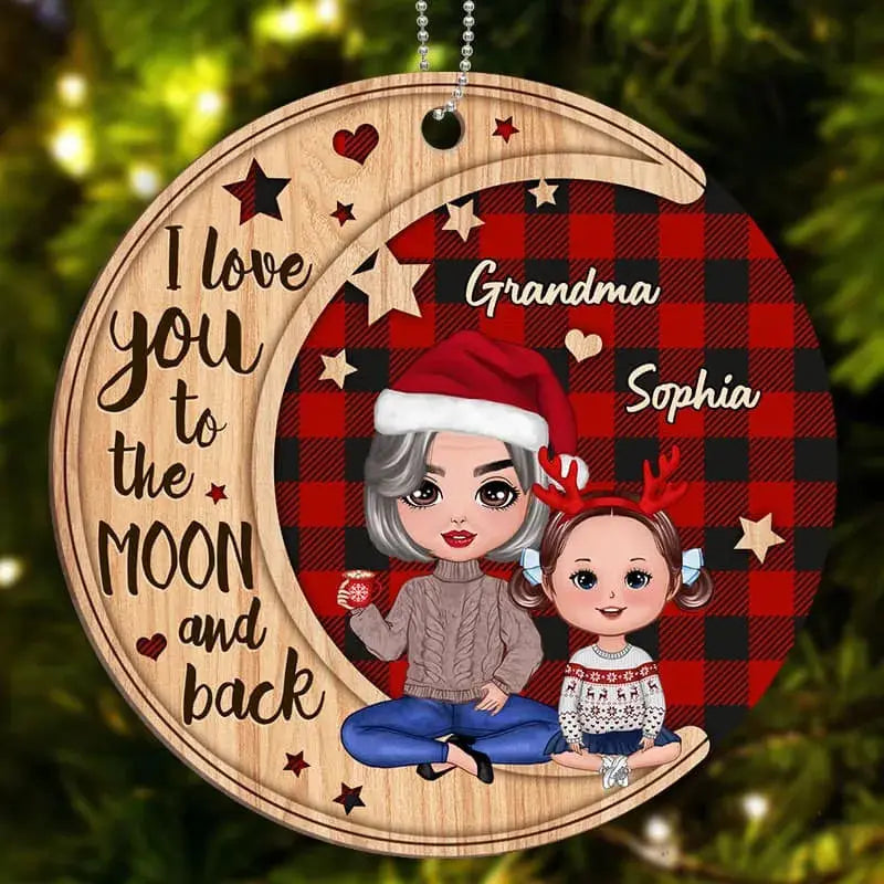 Checkered Pattern Doll Grandma & Grandkid On Moon Personalized Wooden Ornament ornament The Next Custom Gift