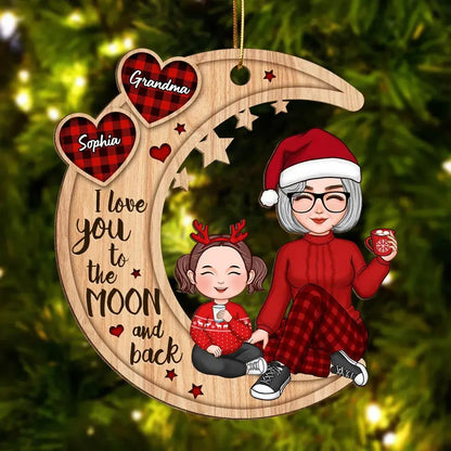 Checkered Pattern Heart Cute Grandma & Grandkid Sitting On Moon Personalized Wooden Ornament Ornament The Next Custom Gift