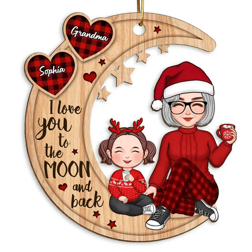 Checkered Pattern Heart Cute Grandma & Grandkid Sitting On Moon Personalized Wooden Ornament Ornament The Next Custom Gift