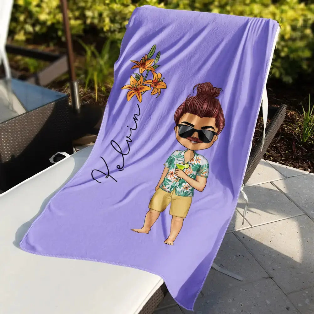 Chibi Girl With Birth Flower - Personalized Beach Towel Beach Towel The Next Custom Gift