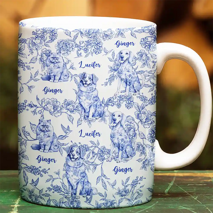 Chinoiserie Toile Dog Cat - Personalized White Edge-to-Edge Mug