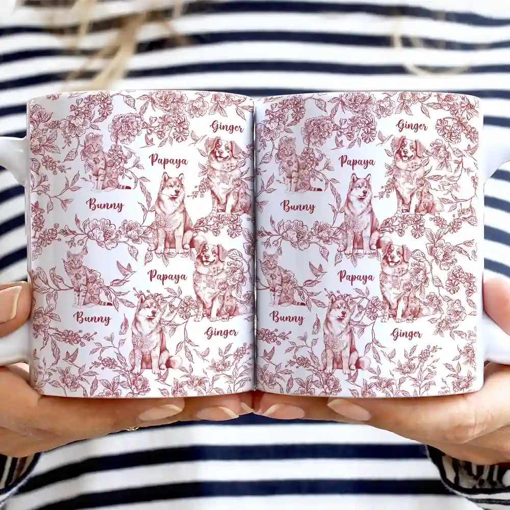 Chinoiserie Toile Dog Cat - Personalized White Edge-to-Edge Mug