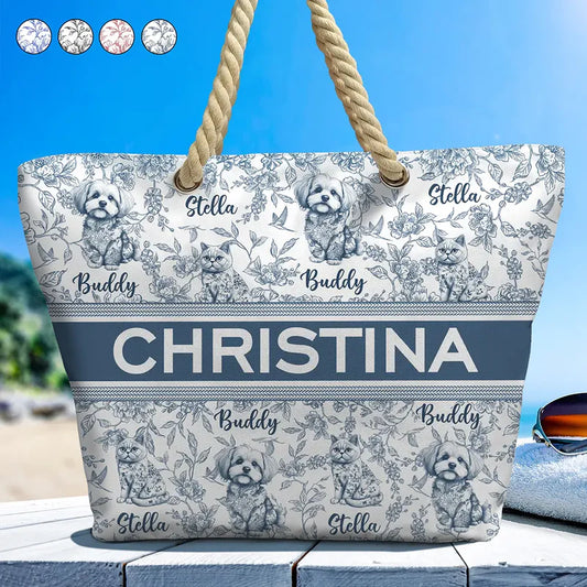 Chinoiserie Toile Dog Mom Cat Mom - Personalized Beach Bag