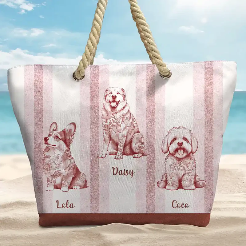 Chinoiserie Toile Dog On Stripes - Personalized Beach Bag