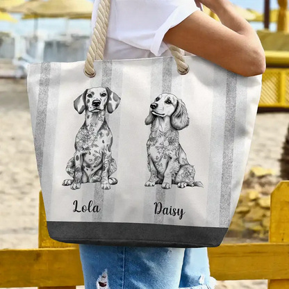 Chinoiserie Toile Dog On Stripes - Personalized Beach Bag
