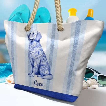 Chinoiserie Toile Dog On Stripes - Personalized Beach Bag