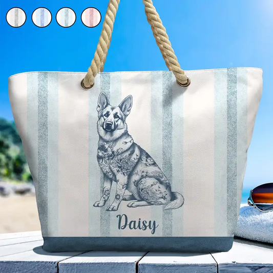 Chinoiserie Toile Dog On Stripes - Personalized Beach Bag