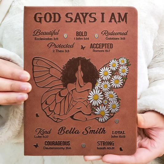 Christian - God Says That I Am - Personalized Leather Journal Leather Journal The Next Custom Gift