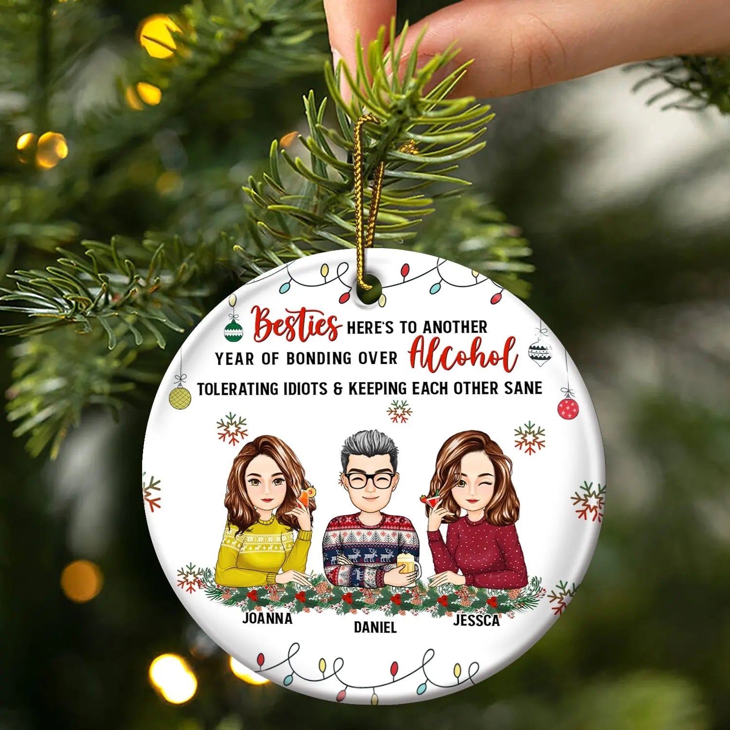 Christmas Bestie Drinking Here's To Another Year - Gift For Besties - Personalized Circle Ceramic Ornament ornament The Next Custom Gift