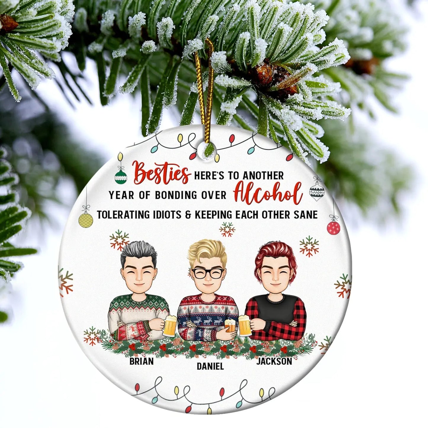 Christmas Bestie Drinking Here's To Another Year - Gift For Besties - Personalized Circle Ceramic Ornament ornament The Next Custom Gift