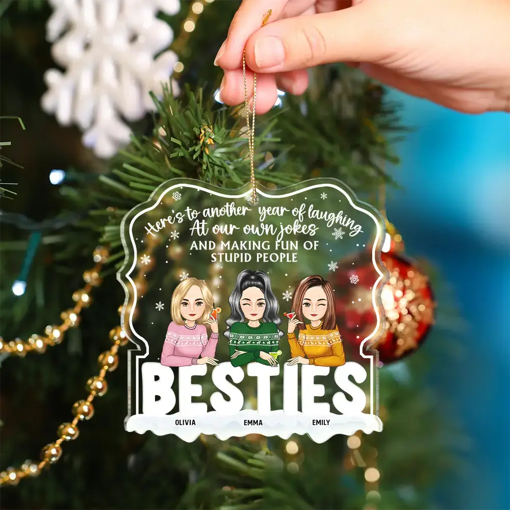 Christmas Besties Cartoon Drinking Here's To Another Year - Personalized Custom Shaped Acrylic Ornament ornament The Next Custom Gift