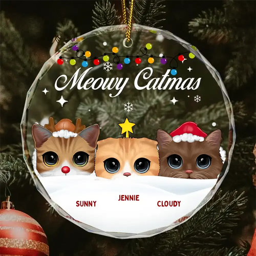 Christmas Big Eyes Cat Meowy Christmas - Personalized Circle Glass Ornament ornament The Next Custom Gift