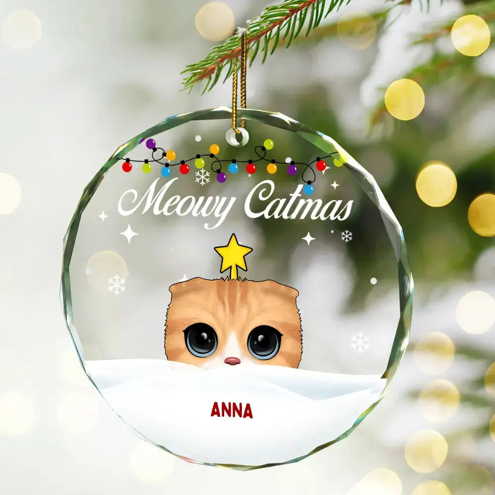 Christmas Big Eyes Cat Meowy Christmas - Personalized Circle Glass Ornament ornament The Next Custom Gift