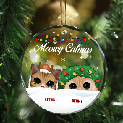 Christmas Big Eyes Cat Meowy Christmas - Personalized Circle Glass Ornament ornament The Next Custom Gift