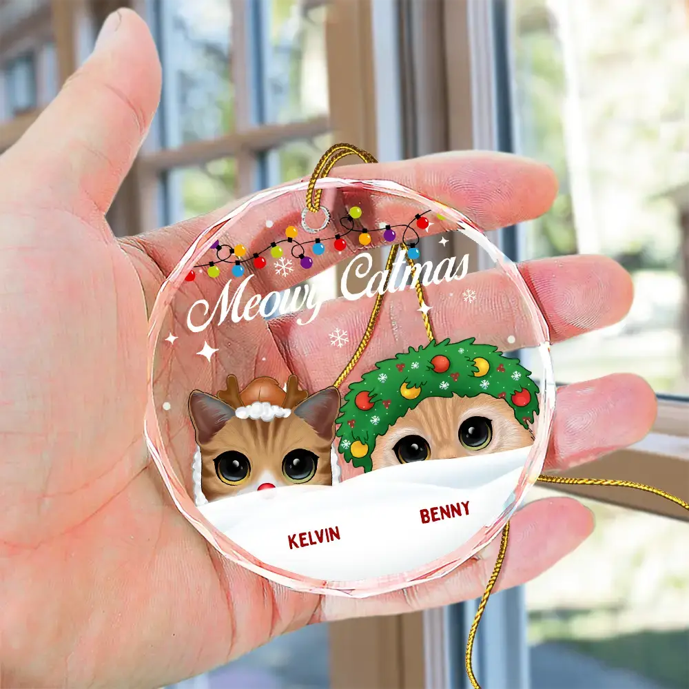 Christmas Big Eyes Cat Meowy Christmas - Personalized Circle Glass Ornament ornament The Next Custom Gift