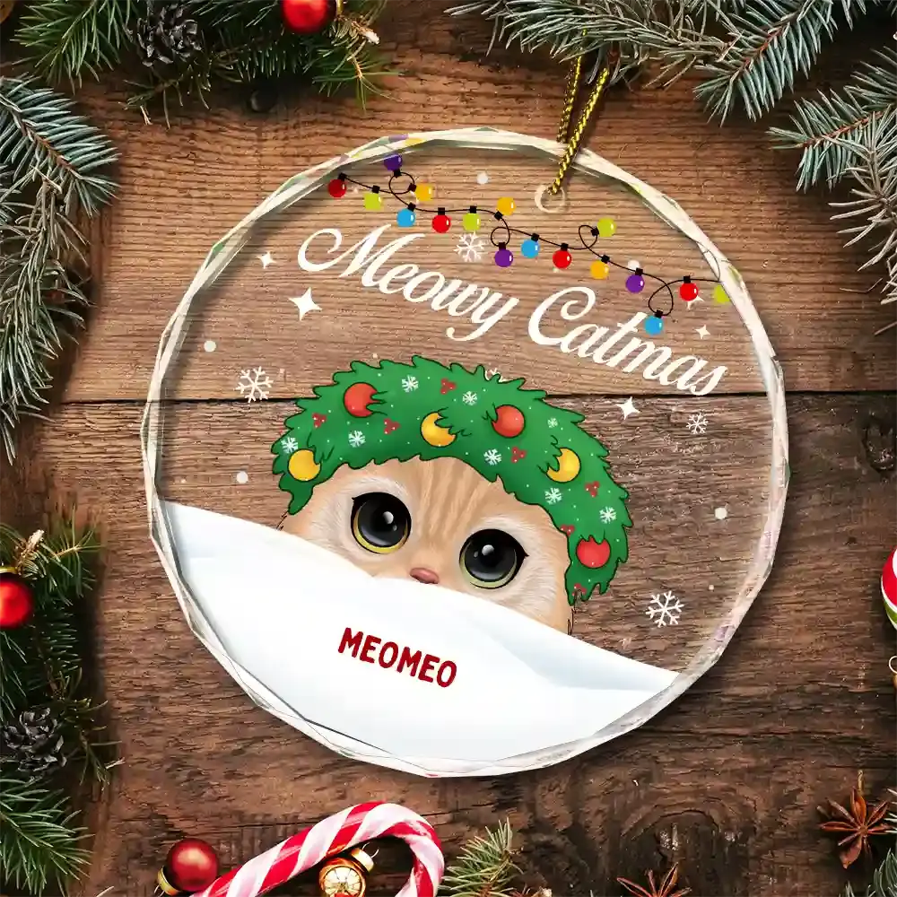 Christmas Big Eyes Cat Meowy Christmas - Personalized Circle Glass Ornament ornament The Next Custom Gift