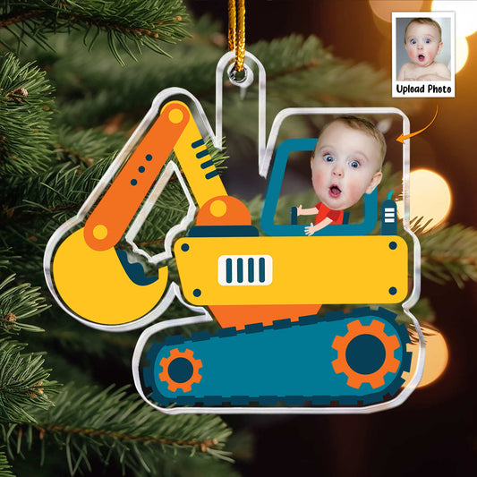 Christmas Boy Riding Construction Vehicle - Personalized Babys Photo First Christmas Ornament