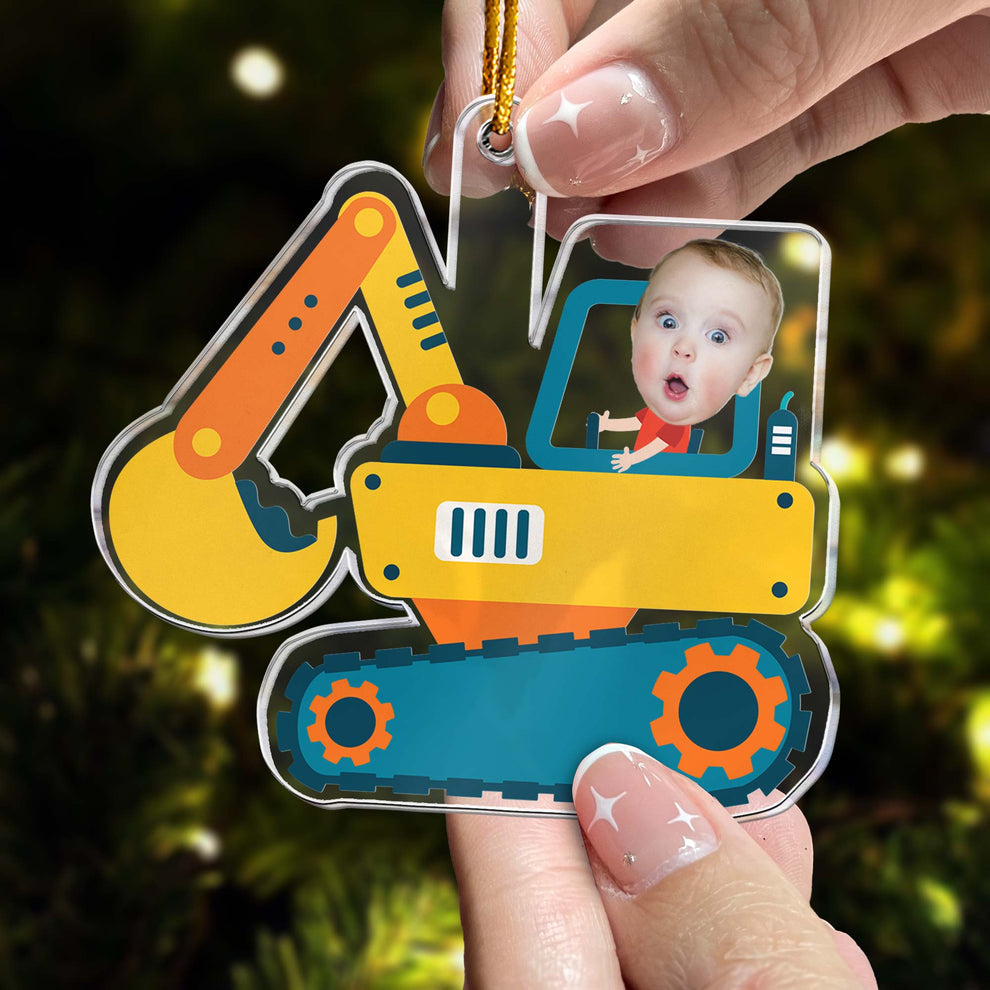 Christmas Boy Riding Construction Vehicle - Personalized Babys Photo First Christmas Ornament