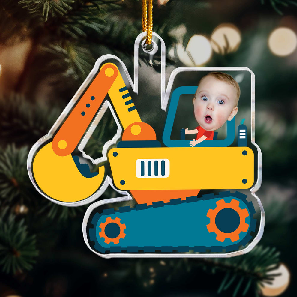 Christmas Boy Riding Construction Vehicle - Personalized Babys Photo First Christmas Ornament