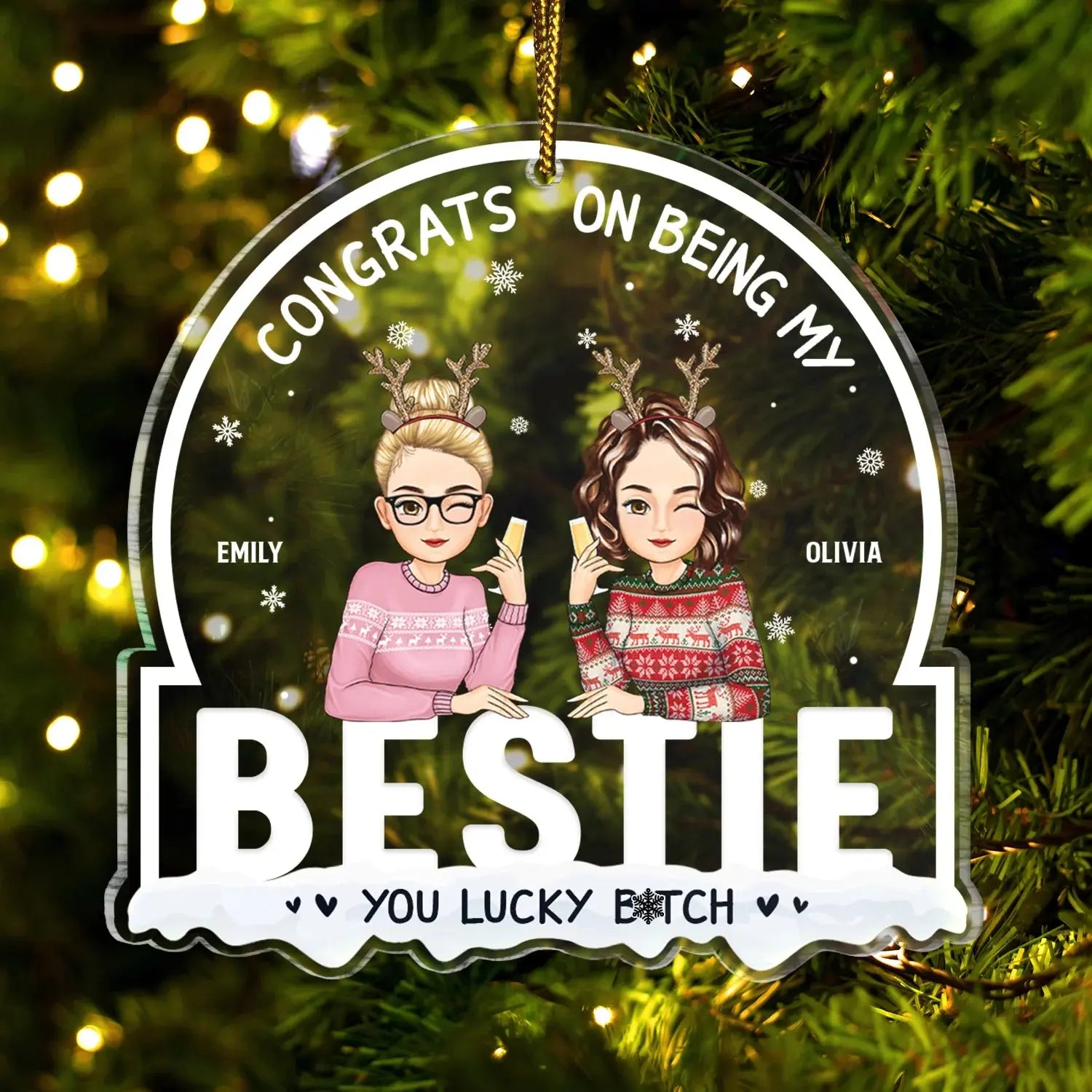 Christmas Cartoon Drinking Congrats On Being My Best Friends - Gift For Bestie - Personalized Custom Shaped Acrylic Ornament ornament The Next Custom Gift