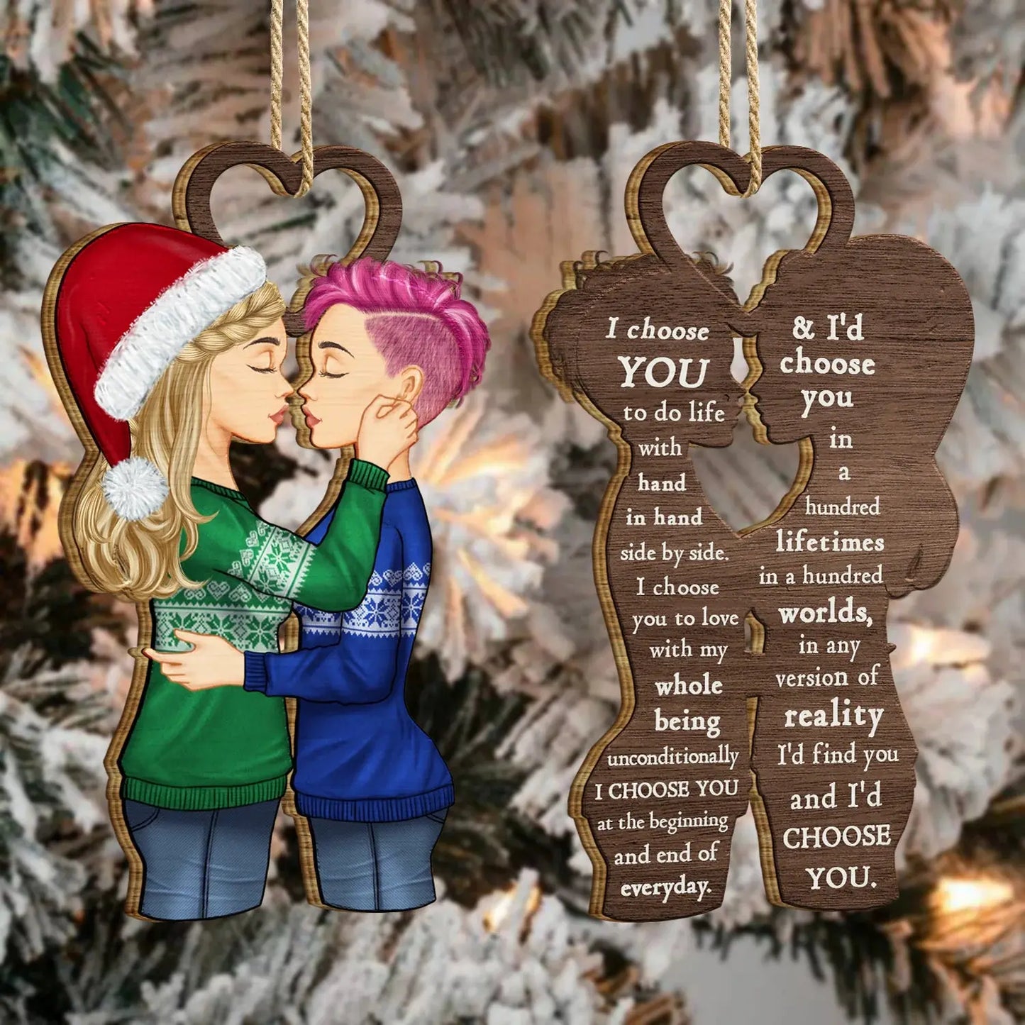 Christmas Couple Side View I Choose You - Gift For Couples - Personalized Wooden Ornament Print 2 Sides Ornament The Next Custom Gift