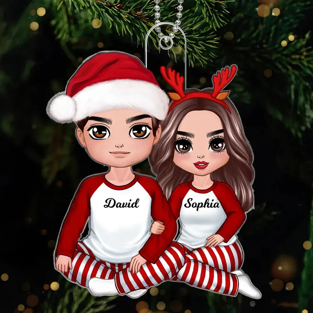 Christmas Doll Couple Sitting Hugging Personalized Acrylic Ornament Ornament The Next Custom Gift