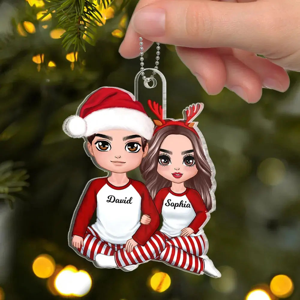 Christmas Doll Couple Sitting Hugging Personalized Acrylic Ornament Ornament The Next Custom Gift