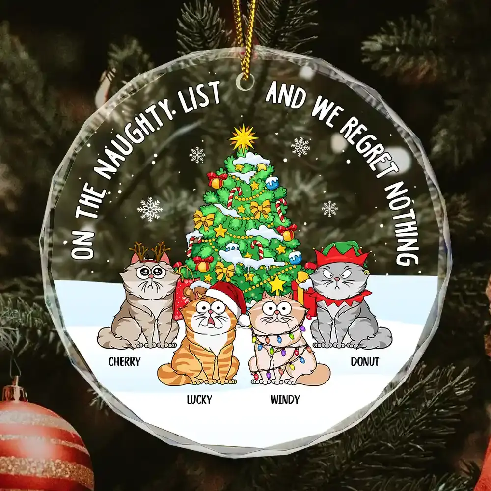 Christmas Funny Cartoon Cats On The Naughty List - Personalized Circle Glass Ornament Ornament The Next Custom Gift