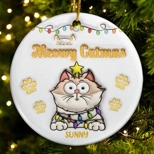 Christmas Meowy Catmas - 3D Inflated Effect Printed Ornament, Personalized Circle Ceramic Ornament ornament The Next Custom Gift