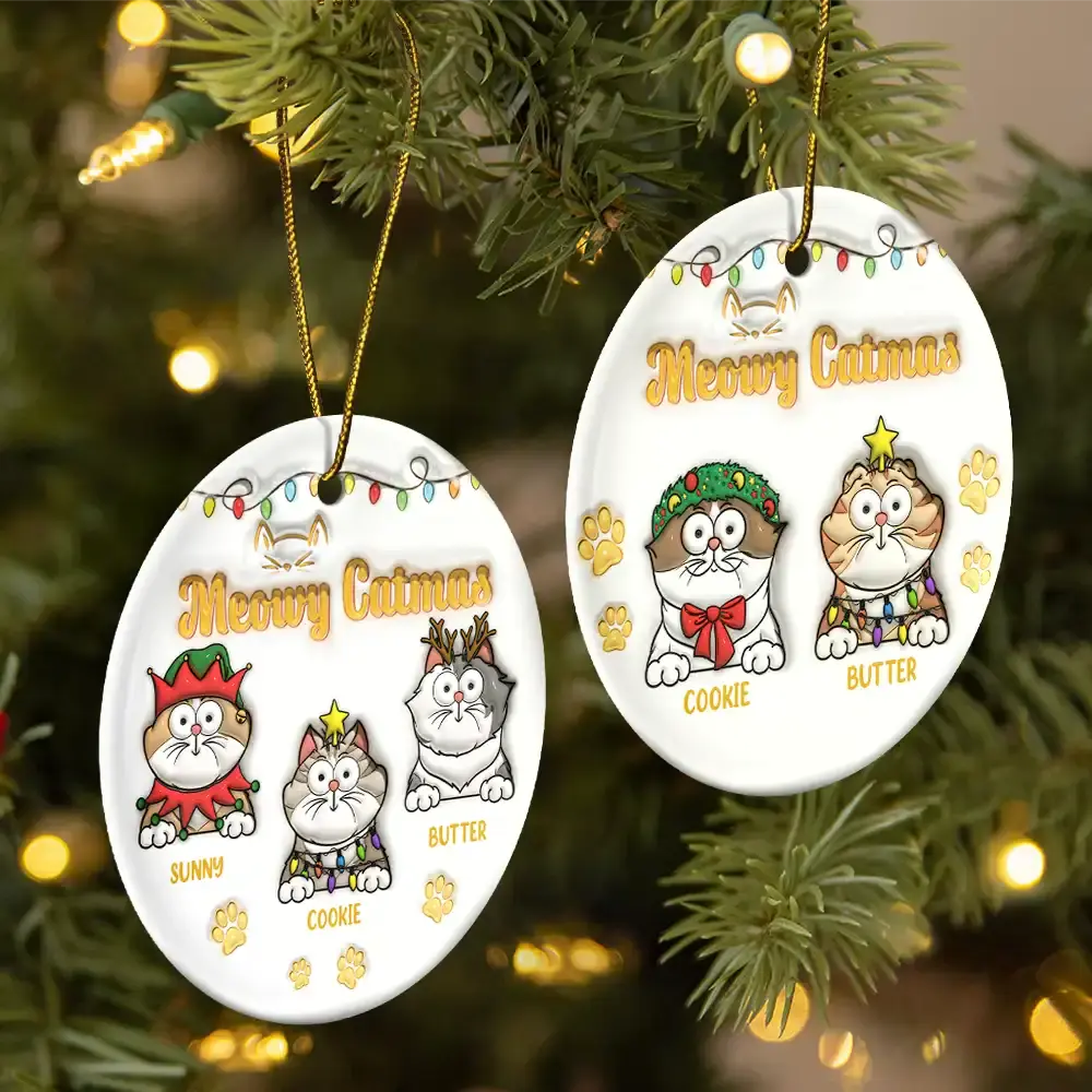 Christmas Meowy Catmas - 3D Inflated Effect Printed Ornament, Personalized Circle Ceramic Ornament ornament The Next Custom Gift