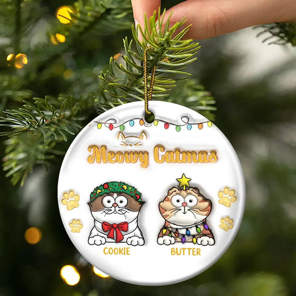 Christmas Meowy Catmas - 3D Inflated Effect Printed Ornament, Personalized Circle Ceramic Ornament ornament The Next Custom Gift