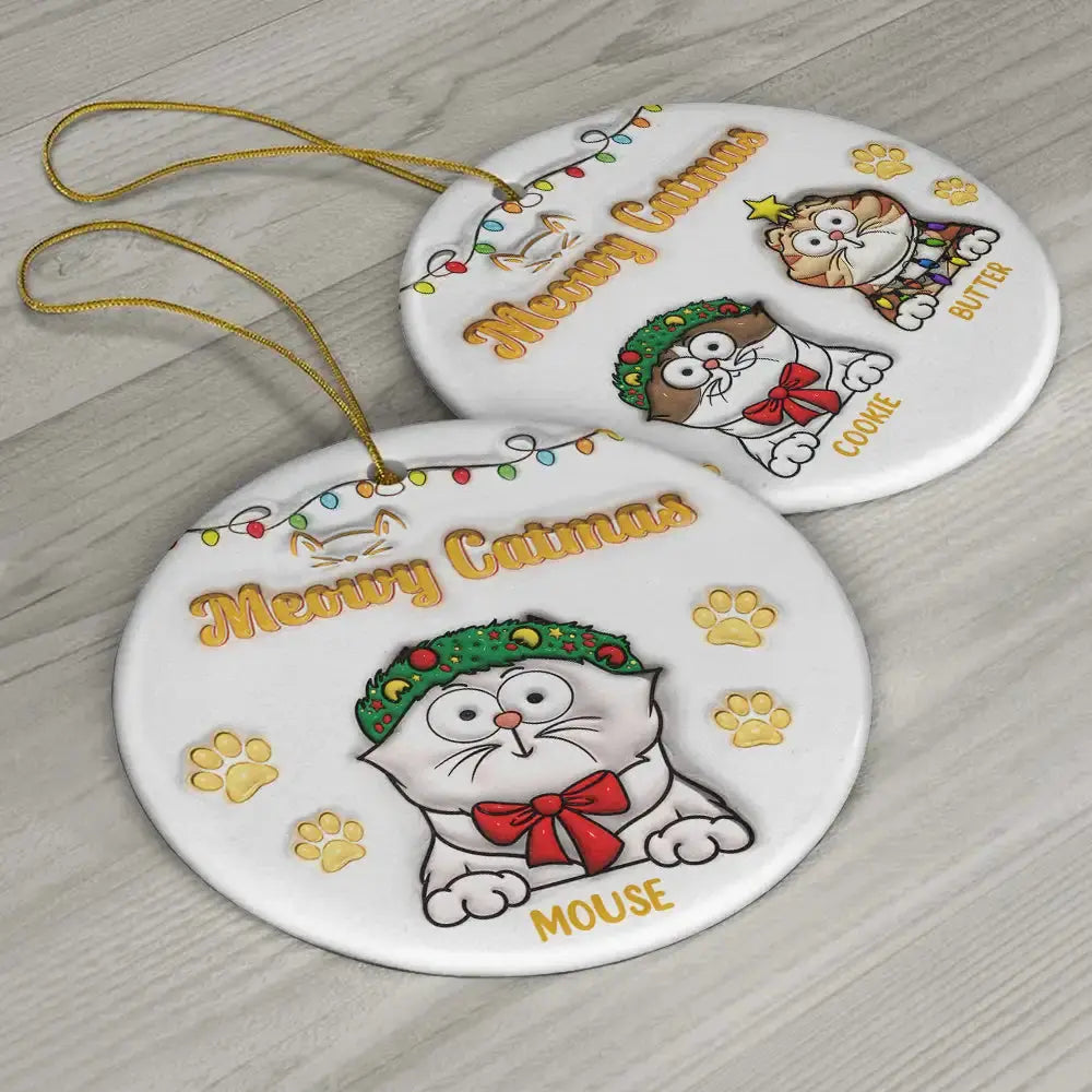 Christmas Meowy Catmas - 3D Inflated Effect Printed Ornament, Personalized Circle Ceramic Ornament ornament The Next Custom Gift