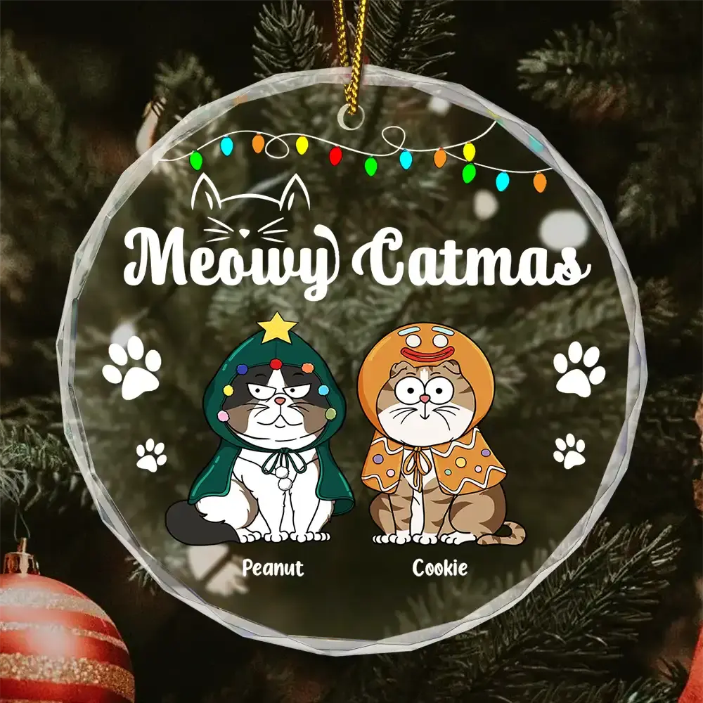 Christmas Meowy Catmas Funny Cartoon Cats - Personalized Circle Glass Ornament ornament The Next Custom Gift