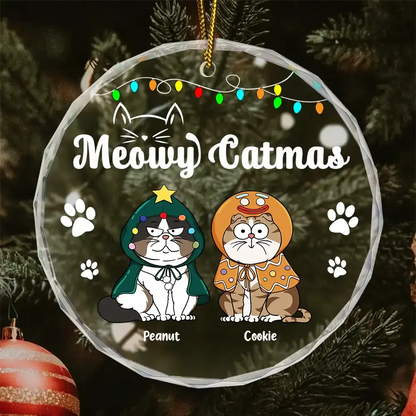 Christmas Meowy Catmas Funny Cartoon Cats - Personalized Circle Glass Ornament ornament The Next Custom Gift