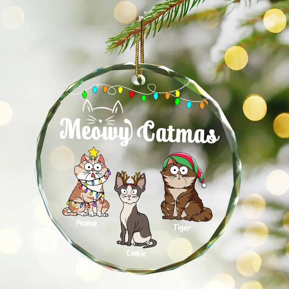 Christmas Meowy Catmas Funny Cartoon Cats - Personalized Circle Glass Ornament ornament The Next Custom Gift