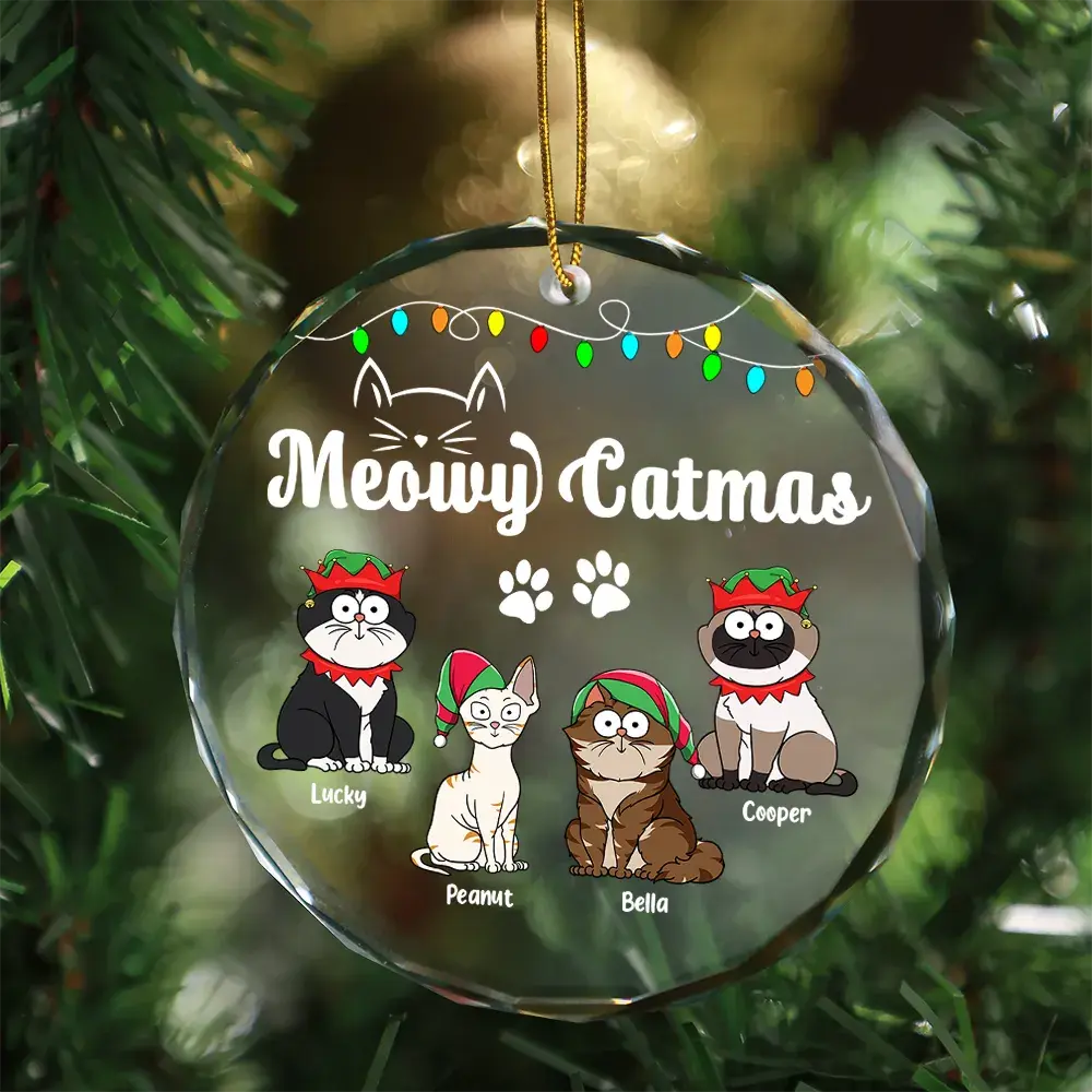 Christmas Meowy Catmas Funny Cartoon Cats - Personalized Circle Glass Ornament ornament The Next Custom Gift