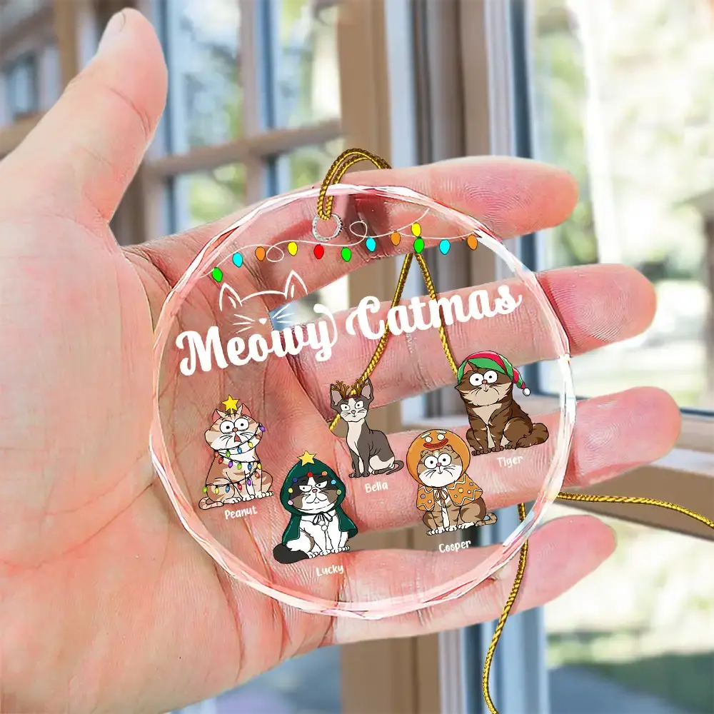 Christmas Meowy Catmas Funny Cartoon Cats - Personalized Circle Glass Ornament ornament The Next Custom Gift