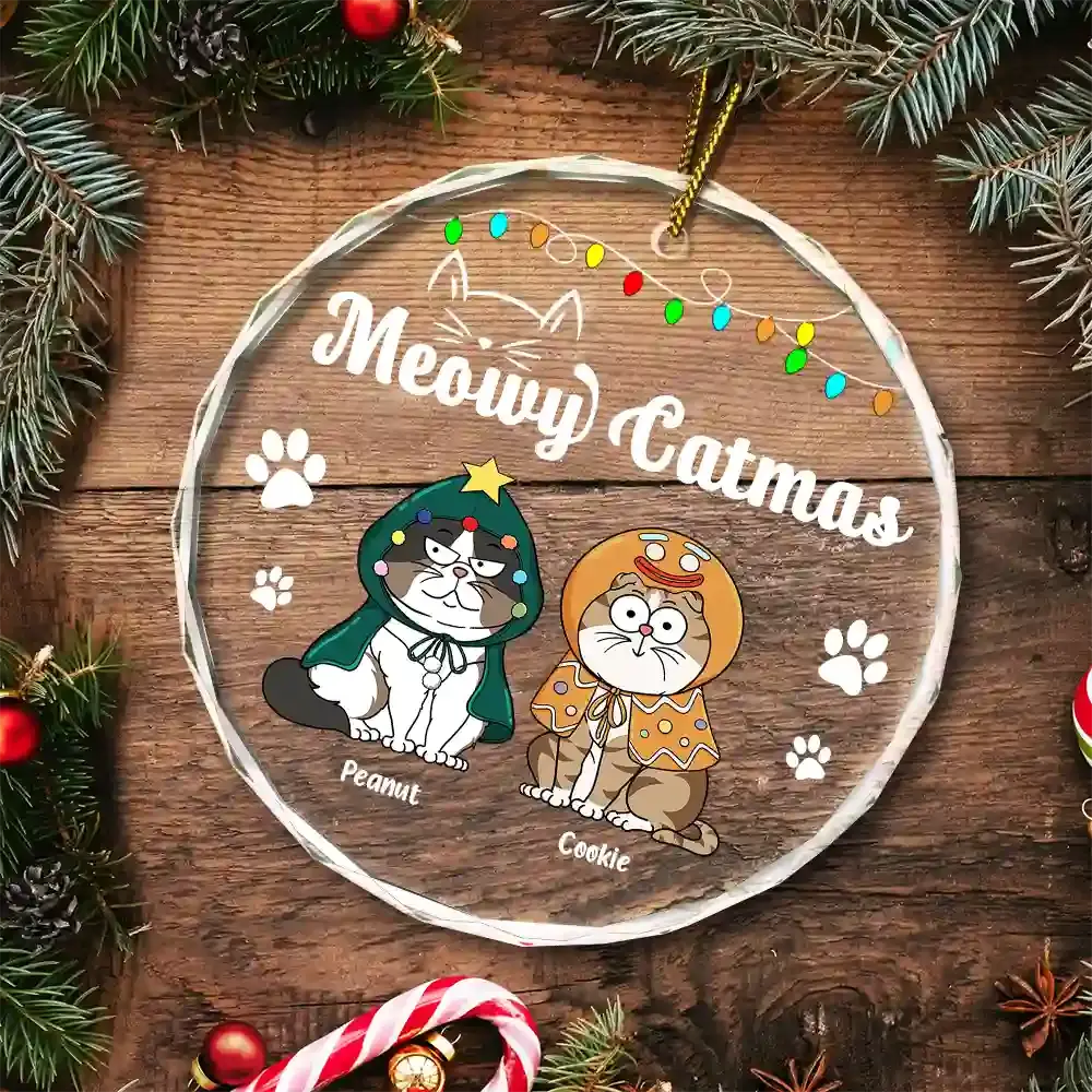 Christmas Meowy Catmas Funny Cartoon Cats - Personalized Circle Glass Ornament ornament The Next Custom Gift