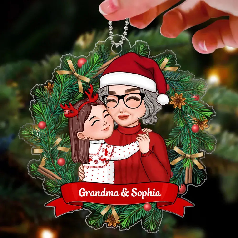 Christmas Wreath Grandma Grandkid Hugging Personalized Acrylic Ornament Ornament The Next Custom Gift