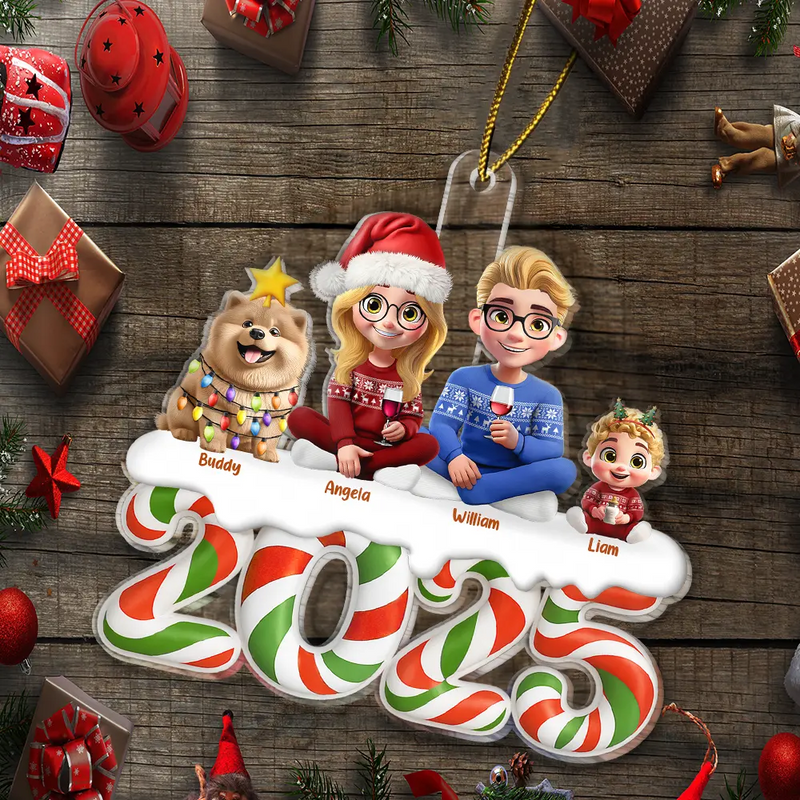 Christmas Candy 3D Effect Family Sitting - Personalized Custom Shaped Acrylic Ornament