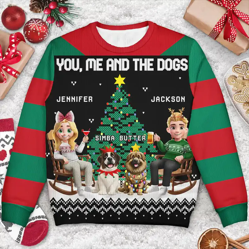 Christmas Tree You Me And The Dog Cat - Personalized Unisex Ugly Sweater