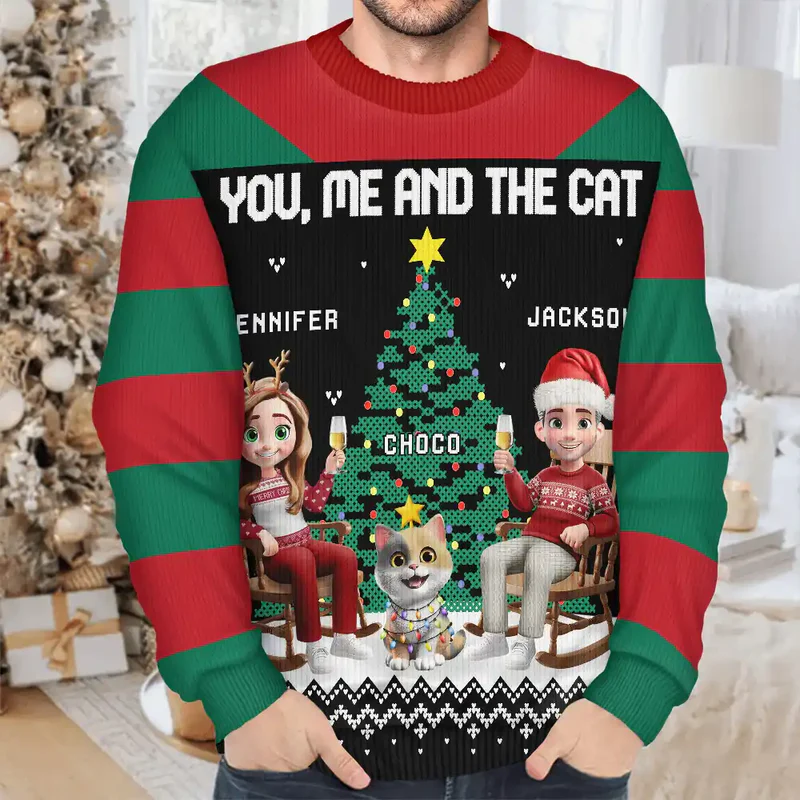 Christmas Tree You Me And The Dog Cat - Personalized Unisex Ugly Sweater